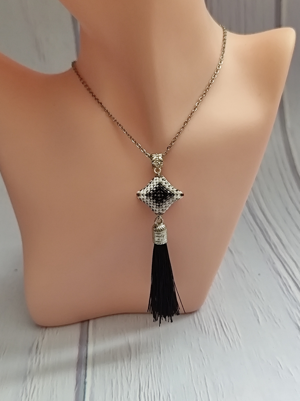Delicate Black Tassel Necklace with Silver-Tone Accent